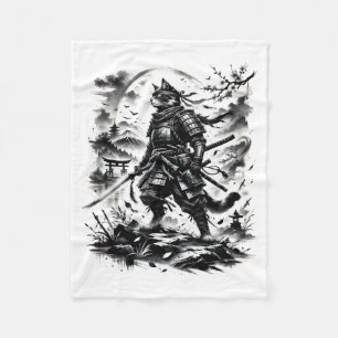 Samurai Cat Warrior Vintage Ink Style Graphic Fleece Blanket