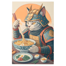 Samurai Cat: Whimsical Warrior Eating Ramen