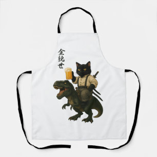 Samurai Cat with Beer & T-Rex Retro Japanese Art Apron