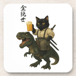 Samurai Cat with Beer & T-Rex Retro Japanese Art Coaster