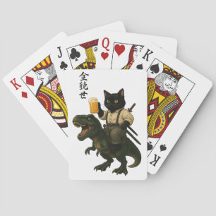 Samurai Cat with Beer & T-Rex   Retro Japanese Art Playing Cards