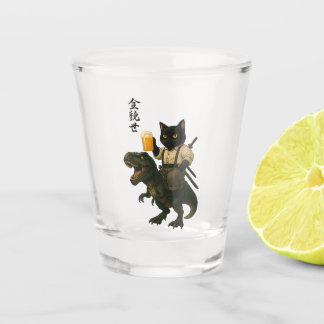Samurai Cat with Beer & T-Rex | Retro Japanese Art Shot Glass