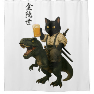 Samurai Cat with Beer & T-Rex   Retro Japanese Art Shower Curtain