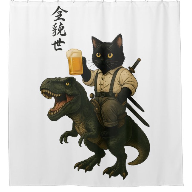 Samurai Cat with Beer & T-Rex | Retro Japanese Art Shower Curtain (Front)