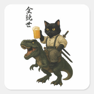 Samurai Cat with Beer & T-Rex   Retro Japanese Art Square Sticker