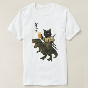 Samurai Cat with Beer & T-Rex   Retro Japanese Art T-Shirt