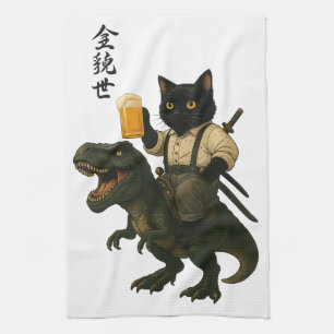 Samurai Cat with Beer & T-Rex Retro Japanese Art Tea Towel