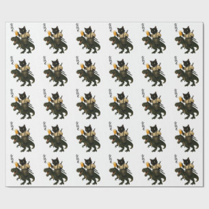Samurai Cat with Beer & T-Rex   Retro Japanese Art Wrapping Paper