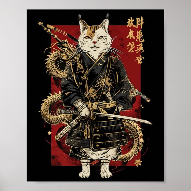 Samurai Cat With Dragon Japanese Kanji  Poster (Front)