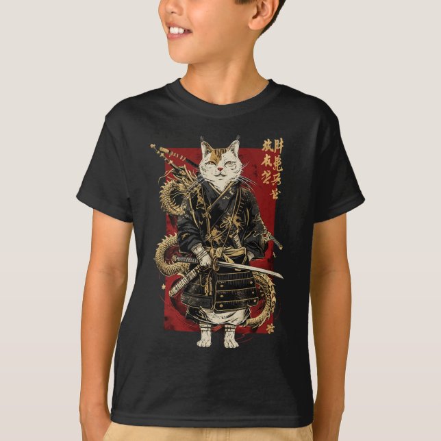 Samurai Cat With Dragon Japanese Kanji  T-Shirt (Front)