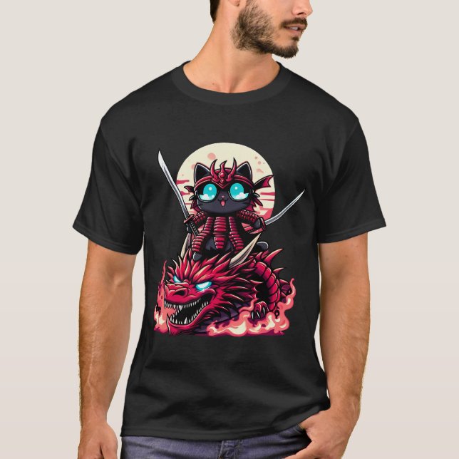 Samurai Cat with Sword on Dragon in Epic Battle 3D T-Shirt (Front)