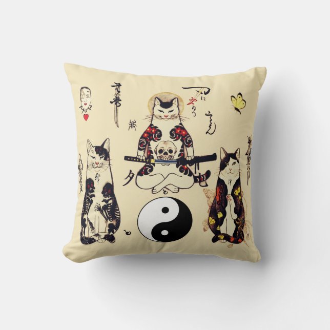 SAMURAI CATS IN SKULL,SKELETON,BUTTERFLY TATTOOS  CUSHION (Front)