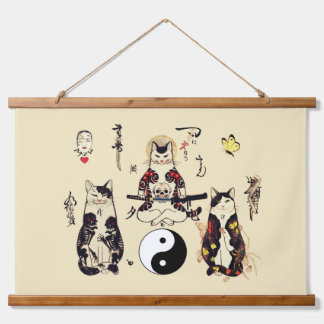 SAMURAI CATS IN SKULL,SKELETON,BUTTERFLY TATTOOS HANGING TAPESTRY