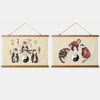 SAMURAI CATS IN SKULL,SKELETON,BUTTERFLY TATTOOS HANGING TAPESTRY