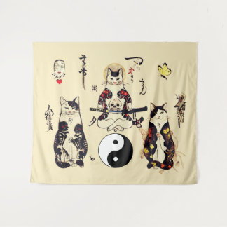 SAMURAI CATS IN SKULL,SKELETON,BUTTERFLY TATTOOS TAPESTRY