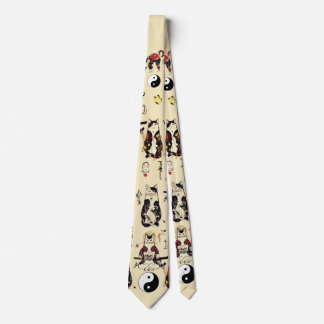 SAMURAI CATS IN SKULL,SKELETON,BUTTERFLY TATTOOS TIE