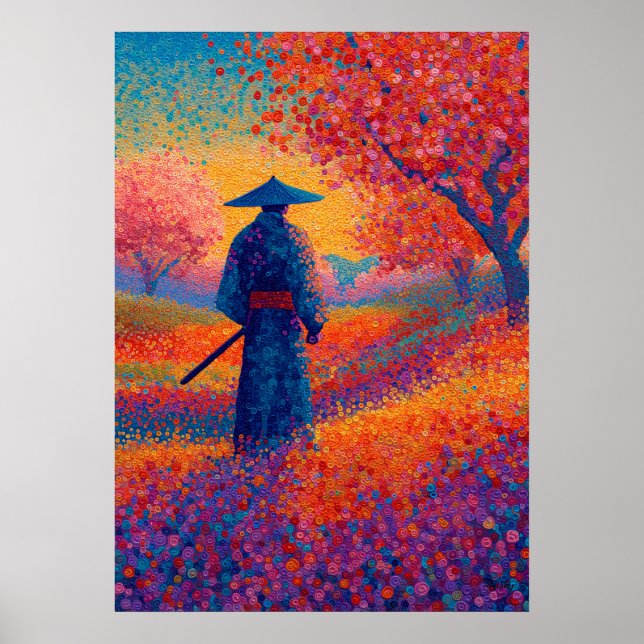 Samurai Cherry Blossom Pointillism Art Poster (Front)