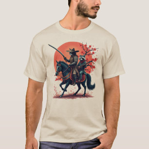 Samurai Cowboy Cat and Racoon Riding a Horse unde T-Shirt