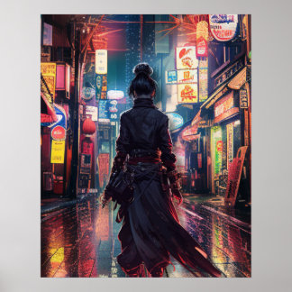 Samurai CyberPunk Modern Nightscape Futuristic  Poster