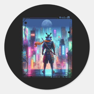 Samurai Electric Pole In Japanese Retro Cyberpunk Classic Round Sticker