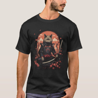 Samurai Feline Sakura Blooms Traditional Japanese  T-Shirt