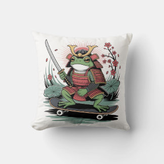 Samurai frog warrior skateboard Throw Pillow