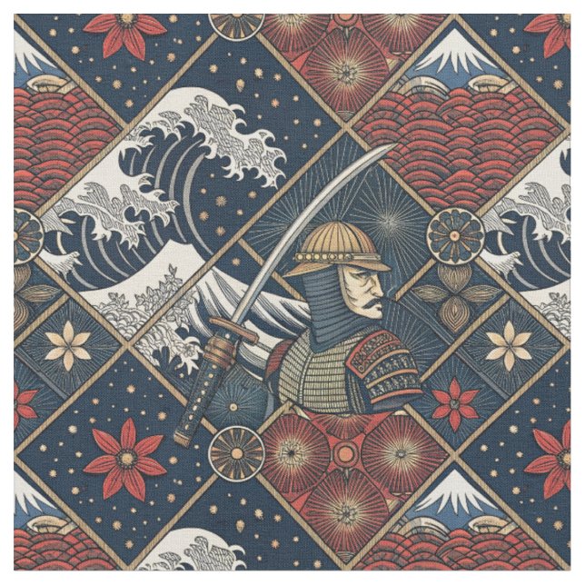 Samurai & Great Wave Traditional Japanese Pattern Fabric (Close Up)
