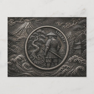 Samurai Hobo Nickel Engraved Coin Art Postcard