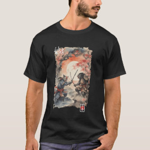 Samurai Japan Cat vs Wolf Warrior Graphics Vintage T-Shirt