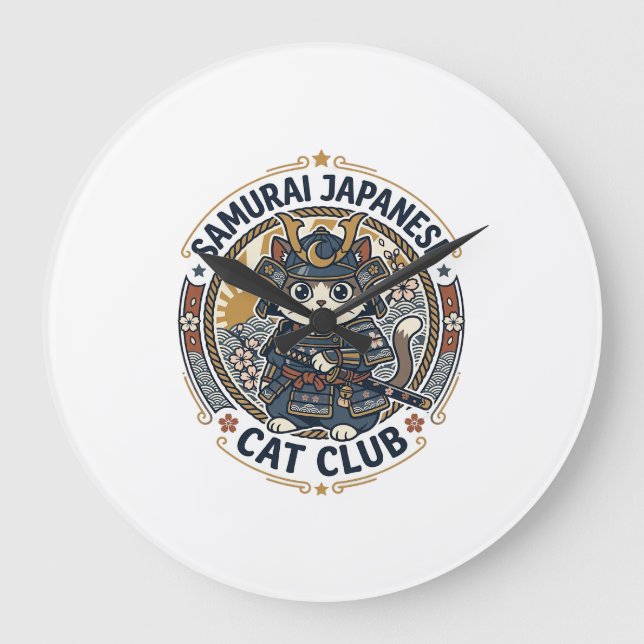 Samurai Japanese Cat POD Vector Art - Samurai Japa Large Clock (Front)
