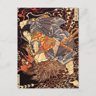 Samurai killing Tengu/bird Painting, c. 1800's Postcard