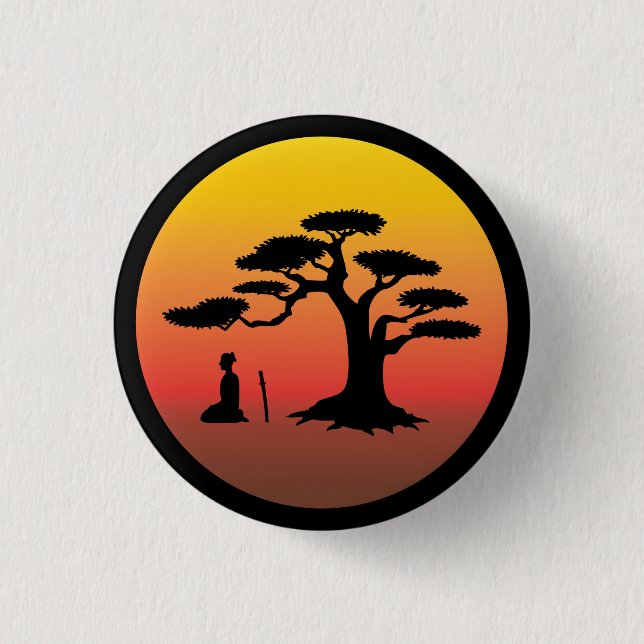 Samurai meditating at sunset under tree - Button (Front)