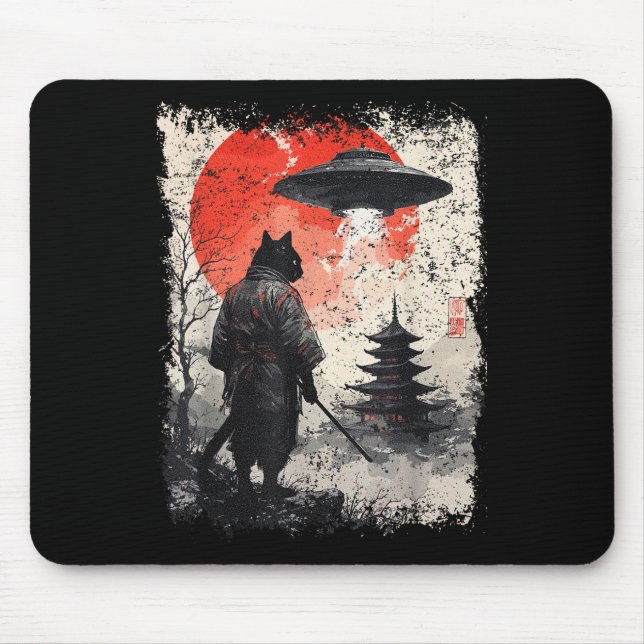 Samurai Ninja Cat Warrior Sumi-e Ufo Ukiyo-e Sci F Mouse Pad (Front)