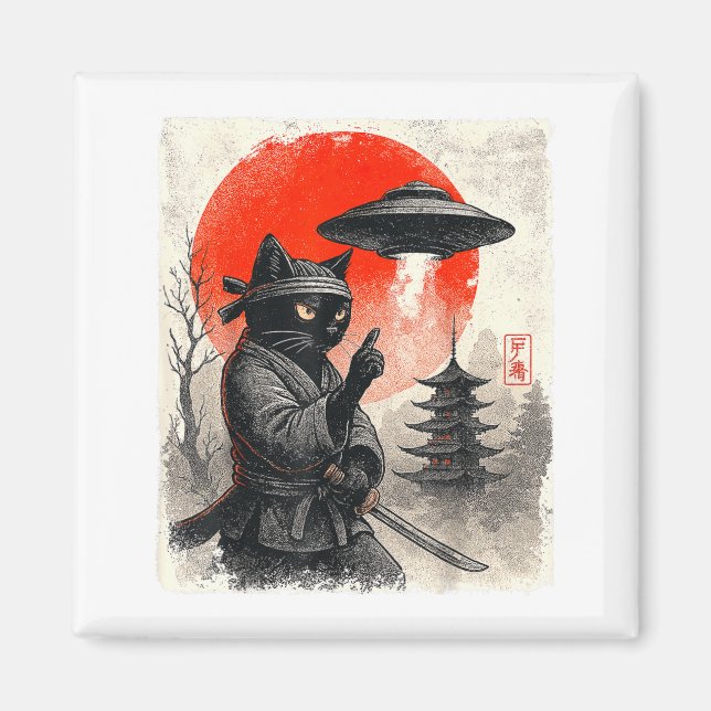Samurai Ninja Cat Warrior UFO Japanese Anime Funny Magnet (Front)