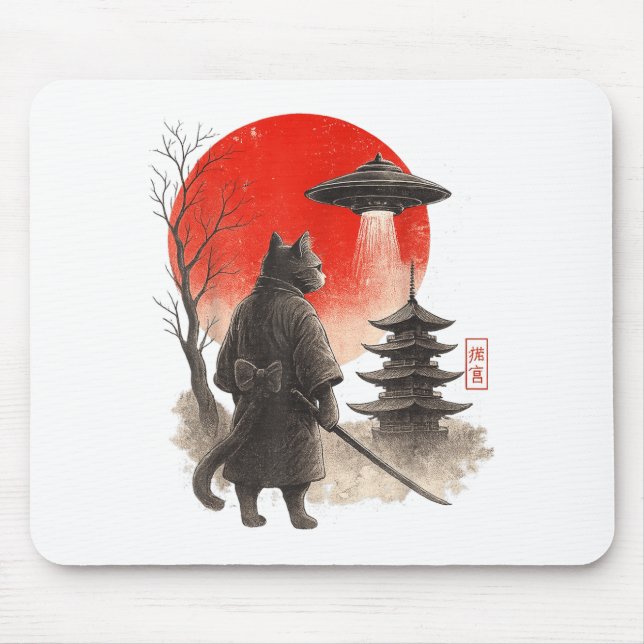 Samurai Ninja Cat Warrior UFO Japanese Anime Funny Mouse Pad (Front)