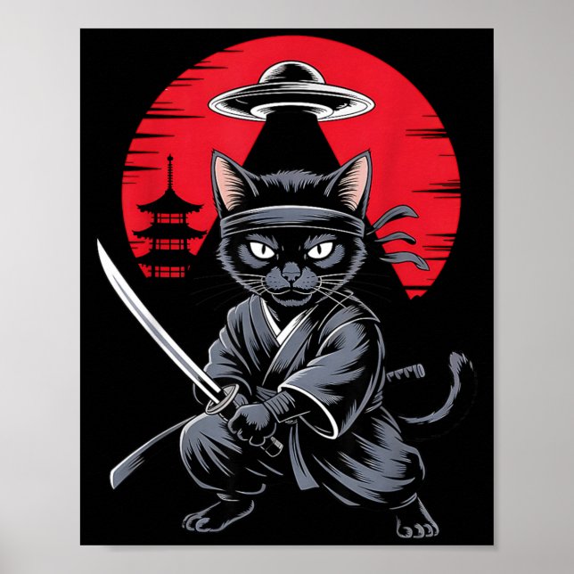 Samurai Ninja Cat Warrior UFO Japanese Anime Funny Poster (Front)