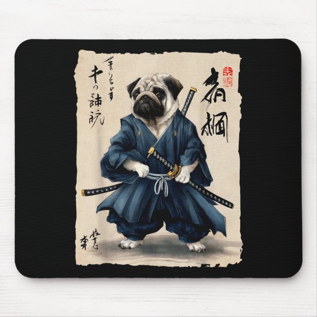 Samurai Pug Japanese Anime Dog Pug Lover Funny For Mouse Pad (Front)
