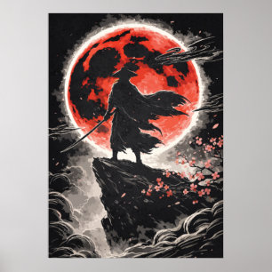 Samurai Ronin in Red Moon - Japanese Anime Art Poster