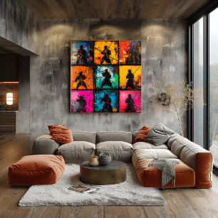 Samurai Silhouette Art Grid Bold Graffiti Style  Poster