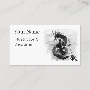 Samurai & Spirit Dragon - Sumi-e Ink Art Business Card