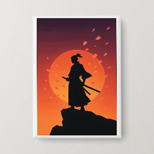 Samurai Sunset Button Minimalist Japanese Warrior