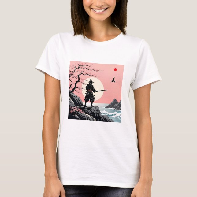 Samurai Sunset Design - Ukiyo-e Cherry Blossom Art T-Shirt (Front)