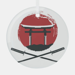 Samurai Sword: Torii Gate Cartoon Glass Tree Decoration