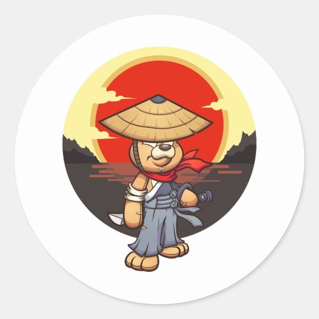 samurai teddy bear character with sunset classic round sticker (Front)