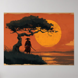 Samurai Under Sunset Tree in Traditional Japanese  Poster