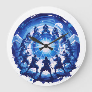 Samurai Unity Japanese Blue Ink Art Circular Large Clock