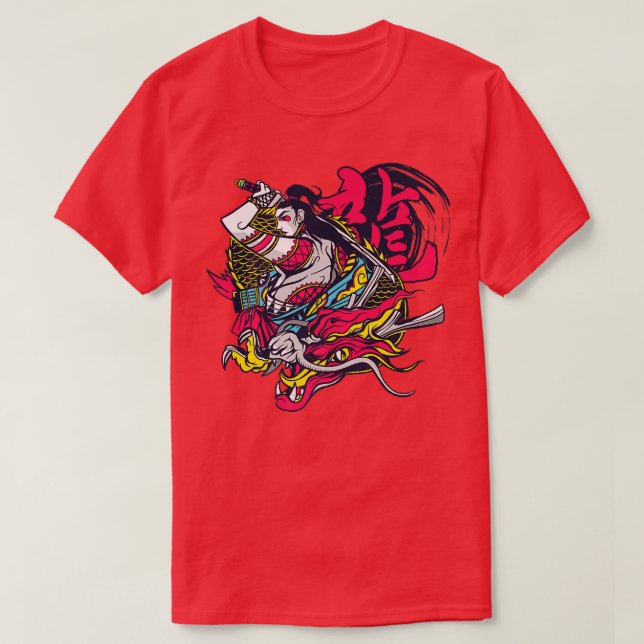 Samurai Warrior and Dragon  T-Shirt (Design Front)