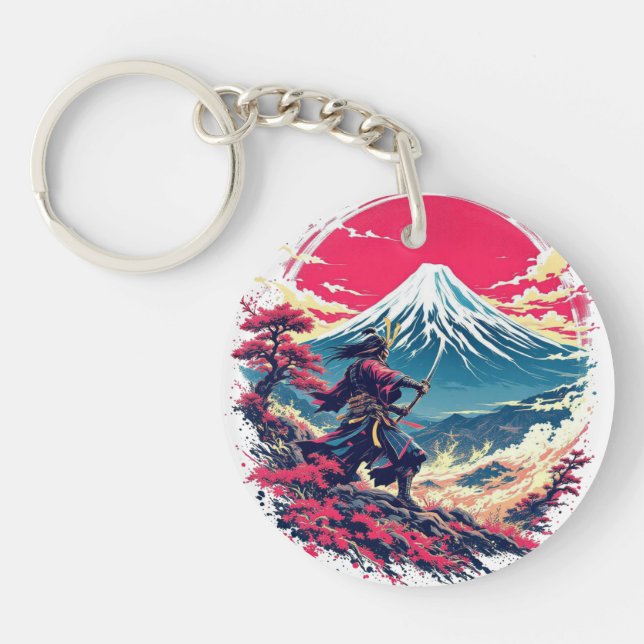 Samurai Warrior at Mount Fuji Japanese Art Key Ring (Front)
