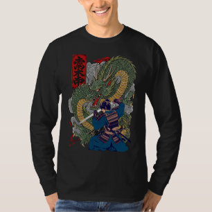 Samurai Warrior Facing Fierce Dragon Japanese Art  T-Shirt