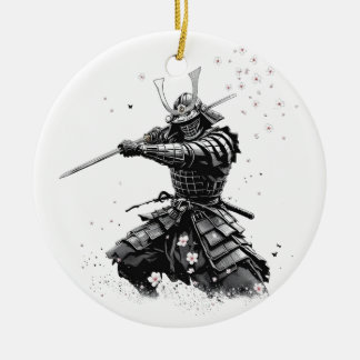 Samurai Warrior in Action Japanese Art Ceramic Tree Decoration